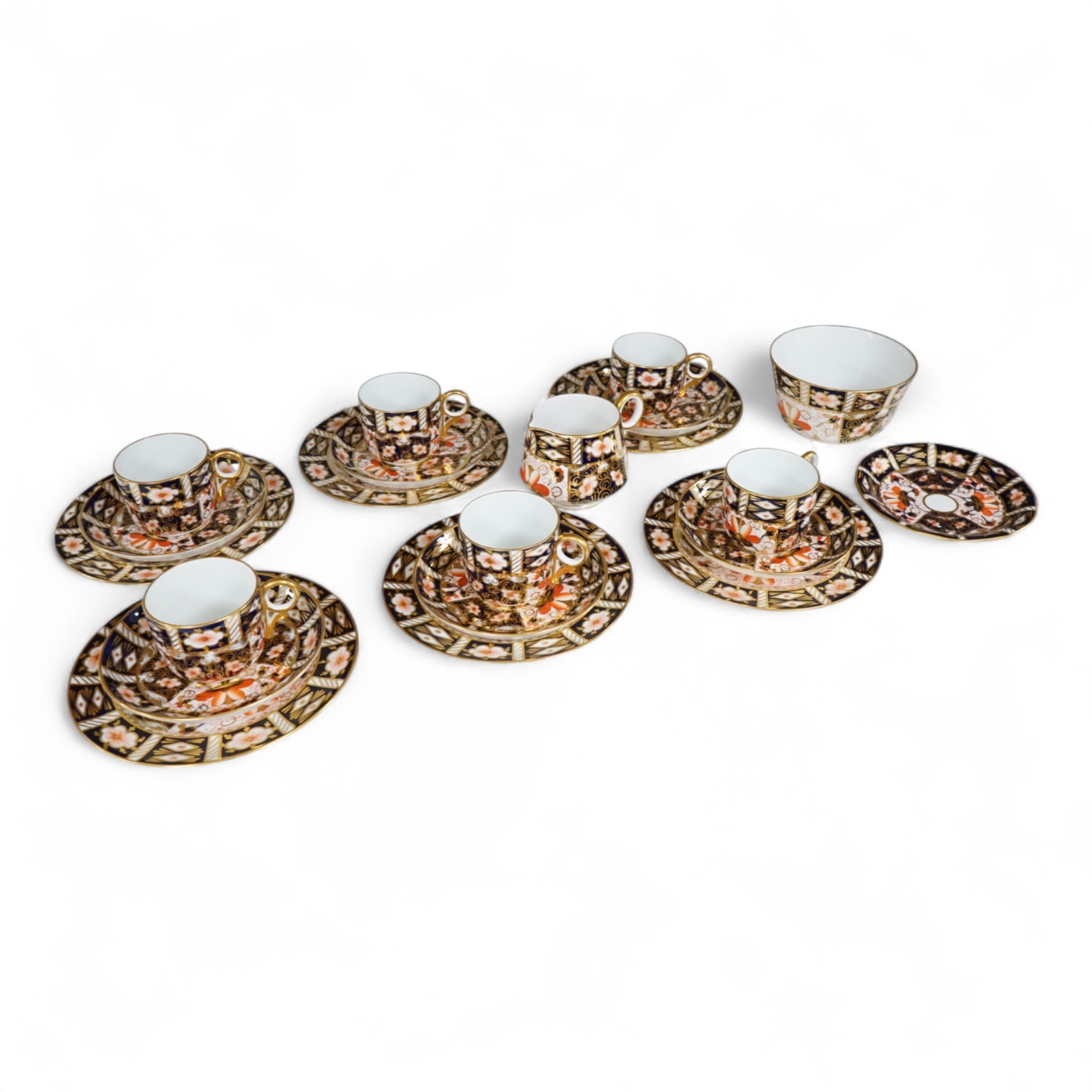 A Royal Crown Derby Imari pattern part tea service to include trios, bowl and jug